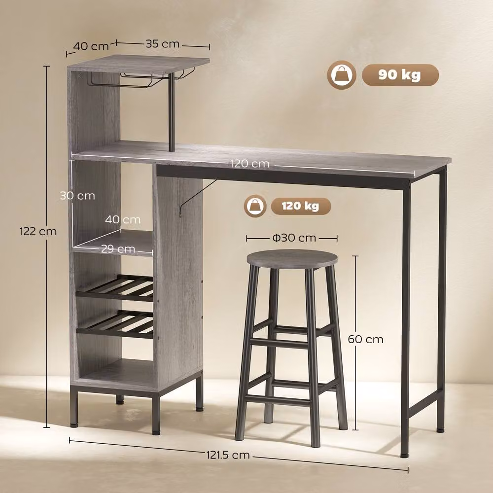 HOMCOM 3 Piece Dining Room Set with 6-Tier Rectangular Table and Stools in Natural, Black and Grey Finish – 3