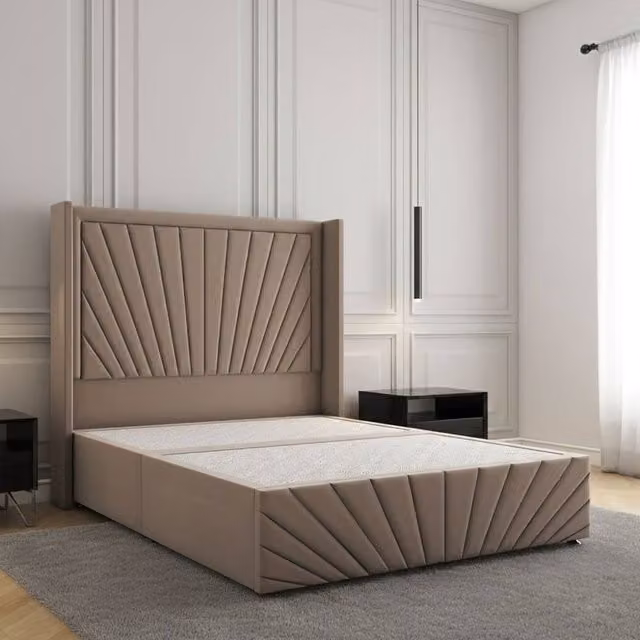 Regional Furnishings Bronze Velvet Upholstered Double Divan Bed with 54 inch Headboard and Footboard, W/D/H: 140 x 200 cm