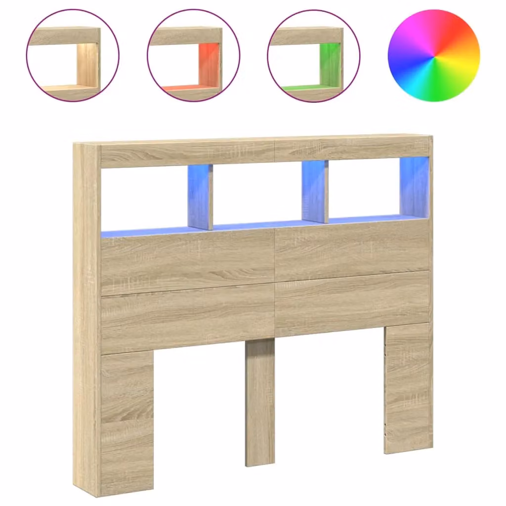 Berkfield Home Sonoma Oak Headboard Cabinet with LED Lighting and USB Charging Port, Brown, W: 120 cm, D: 17 cm, H: 102 cm – 1