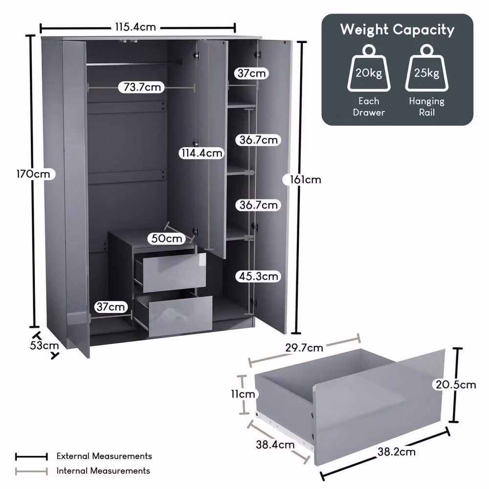 Kelvenix Grey Modern Gloss 3 Door 2 Drawer Wardrobe with Push to Open Mechanism – 2