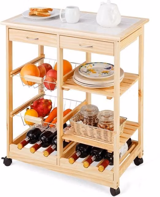 Costway Scandinavian Wood Rolling Storage Bar Cart Kitchen Trolley in Brown