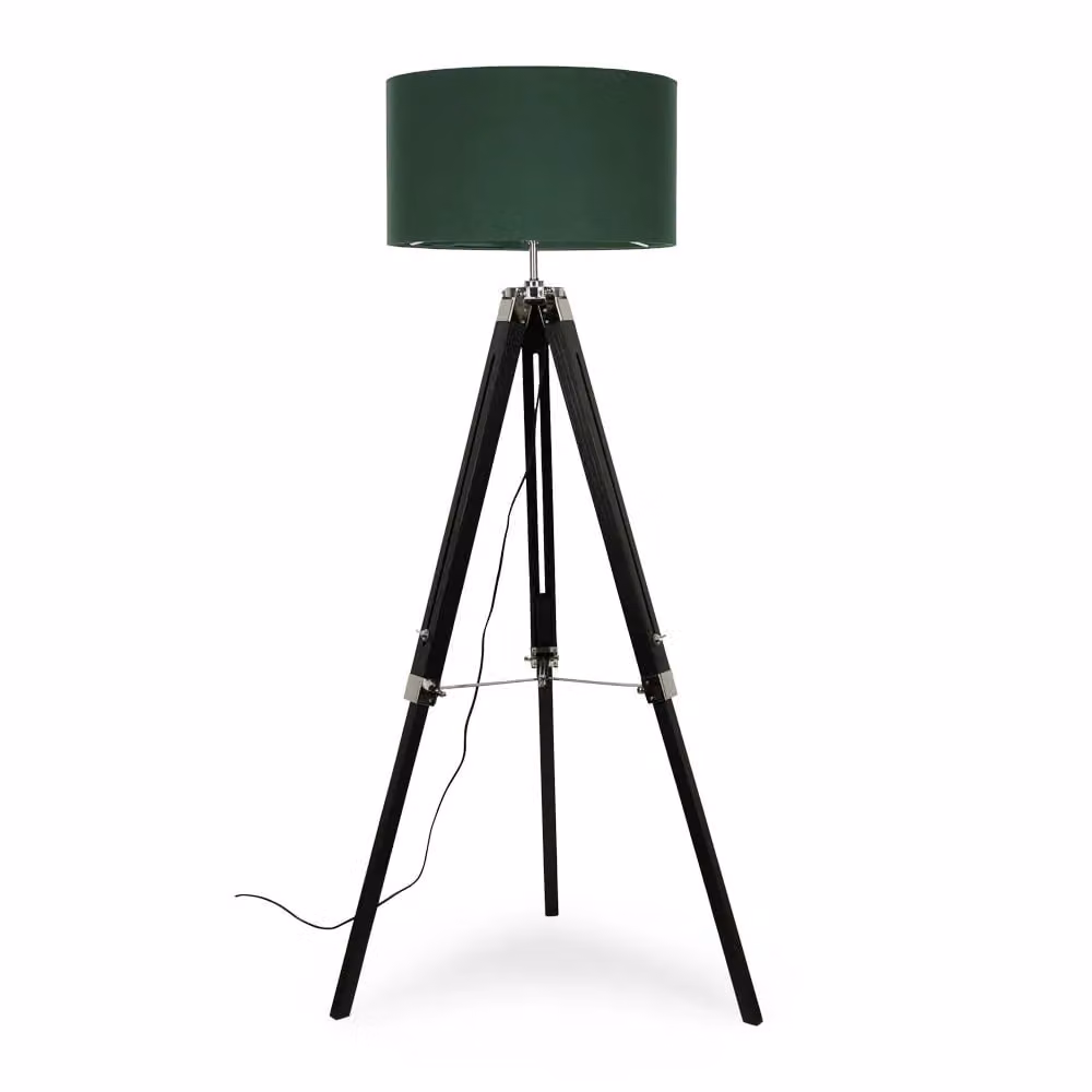 ValueLights Clipper Tripod Floor Lamp with Green Fabric Cylinder Shade in Black and Metallic Silver, Height: 128 cm – 2