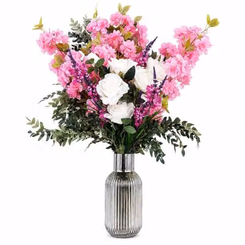 Leaf Design Mixed Floral Artificial Flower Display with Glass Vase in White and Pink