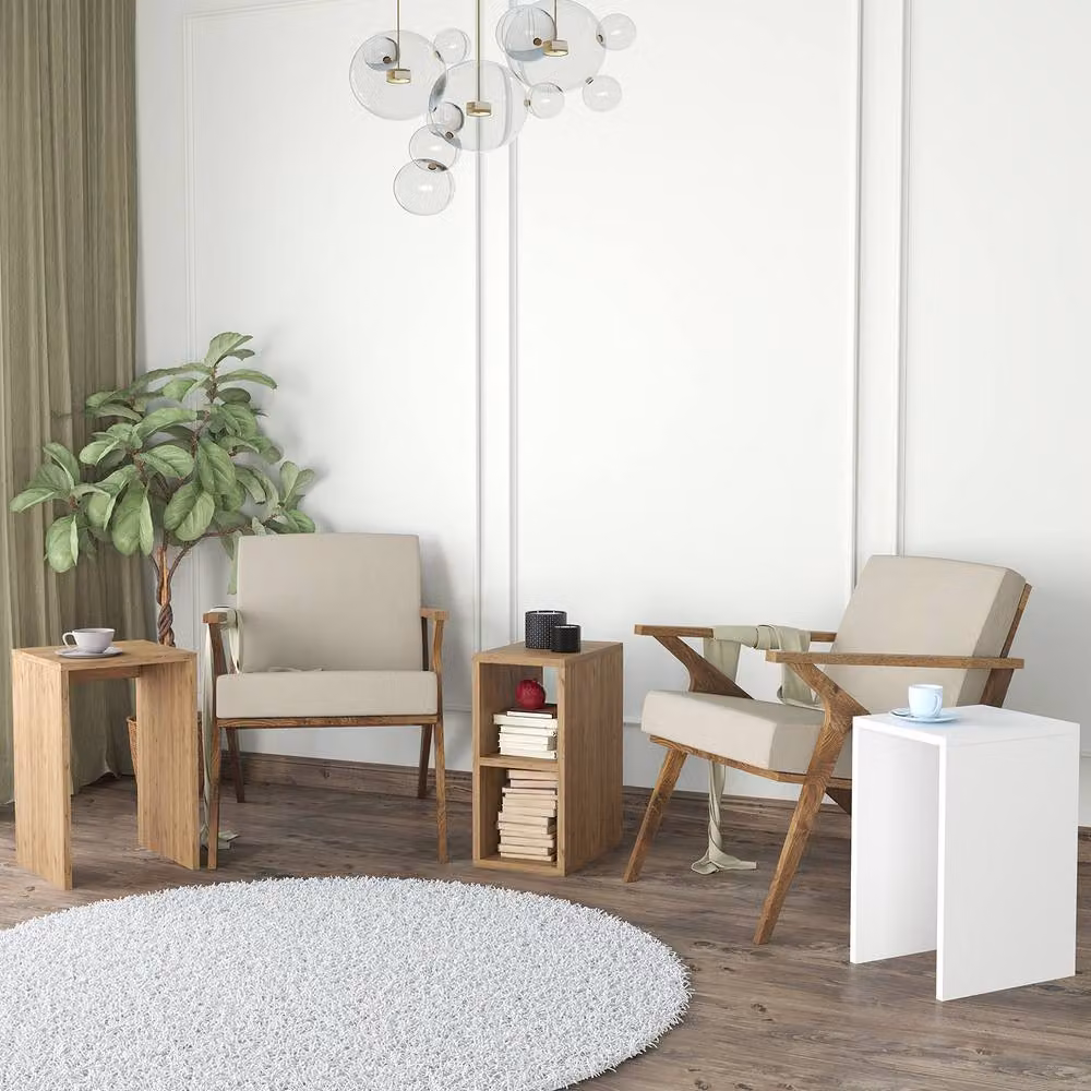 Bimossa Fika Nesting Coffee Table Set of 3, Modern Round Wooden Side Tables for Living Room, Brown and White – 4