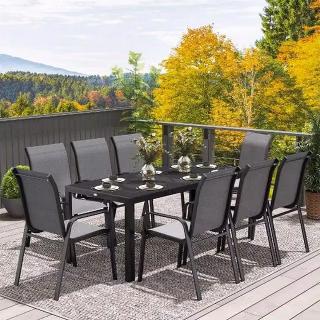 Chilli 8 Seater Grey Garden Dining Set with Rectangular Glass Table and Stacking Chairs