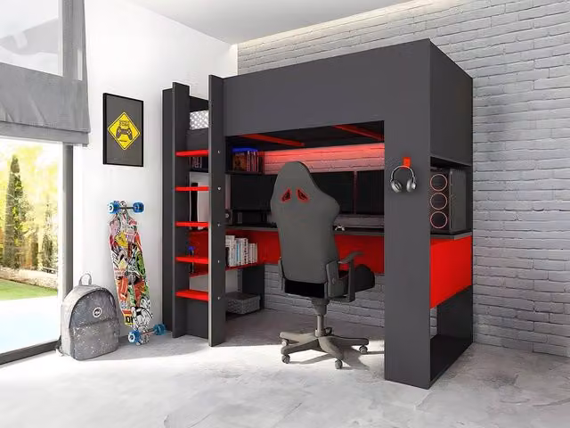 Vente-unique NOAH Gamer Loft Bed with Desk and Built-in Storage, Grey, W/D/H: 90 x 200 cm