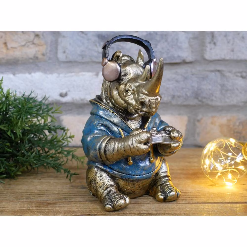 Gifts Direct 2 U Cool Bronze Gamer Rhino Ornament with Headphones – 3