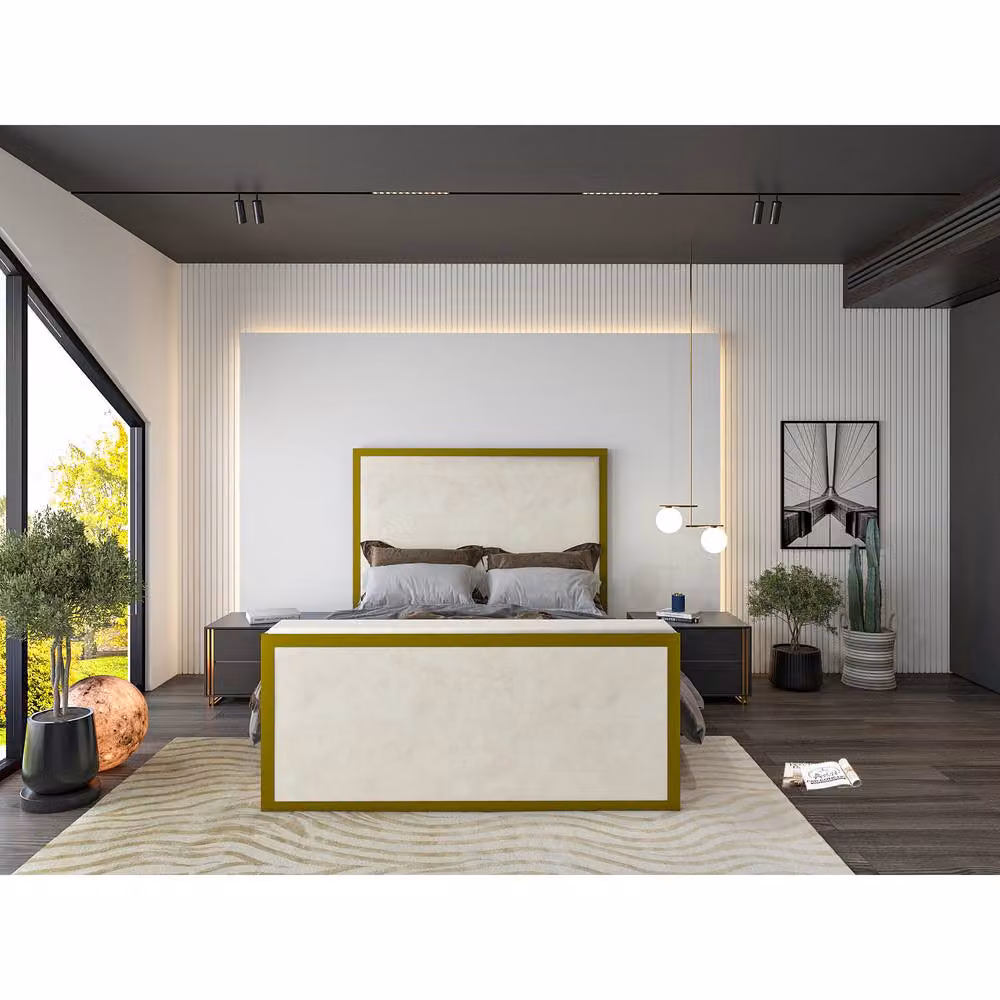 KDMD Madrid Upholstered Electric Media TV Bed Frame in Gold and White, Super King, W/D/H: 200 x 137 x 198 cm – 2