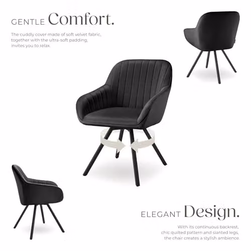 tectake Set of 6 Black Velvet Swivel Dining Chairs with Armrests – 4