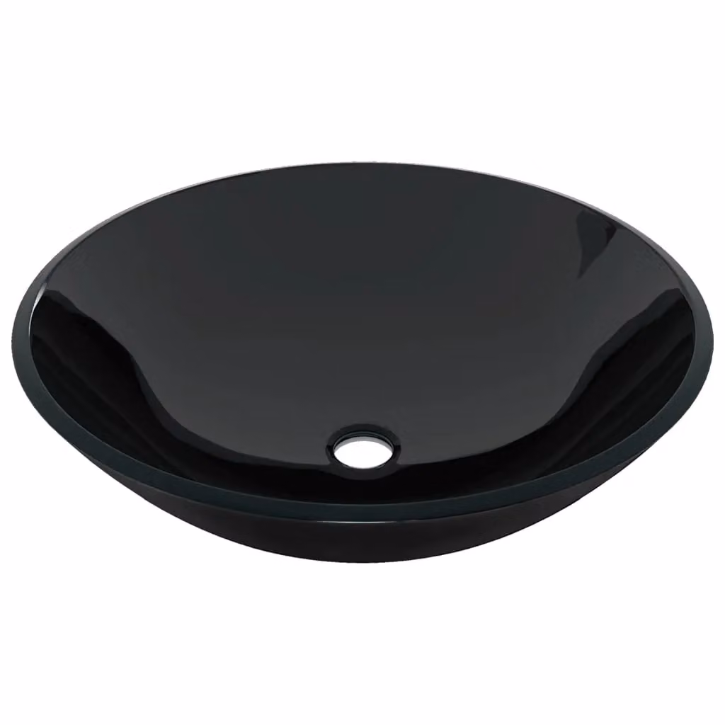 Berkfield Home Round Black Tempered Glass Countertop Bathroom Sink with Tap and Push Drain – 3