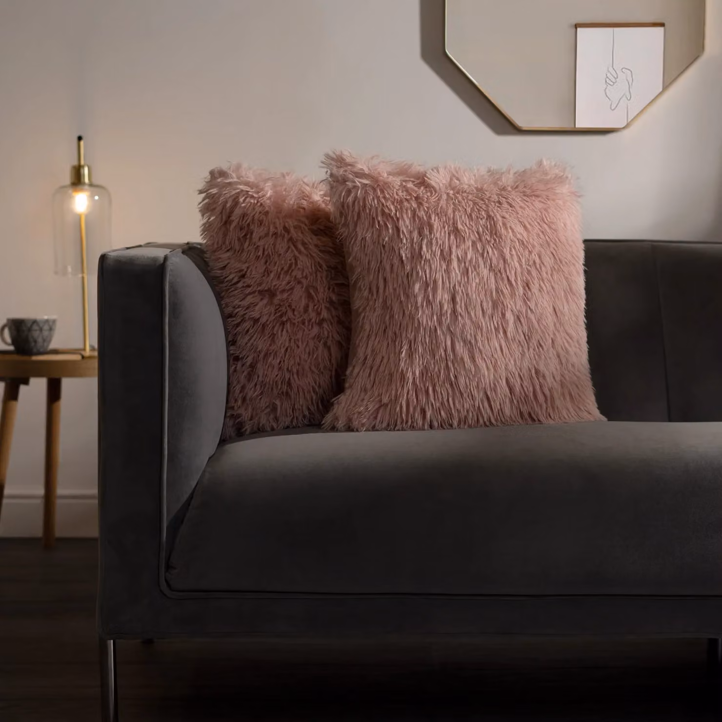 OHS Set of 4 Fluffy Shaggy Square Cushions with Removable Covers in Pink, W/D/H: 45 x 45 x 45 cm – 2