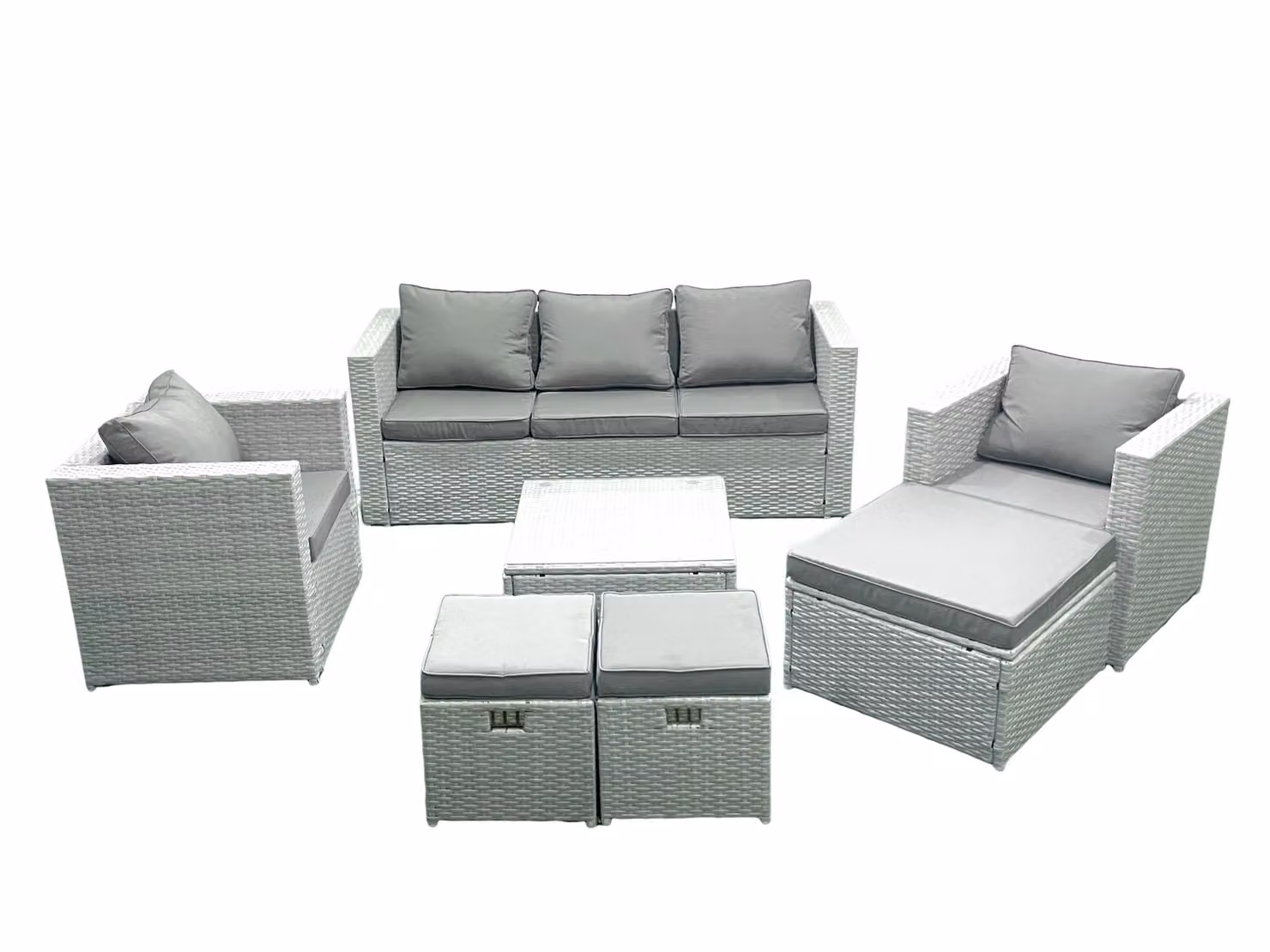 Fimous Rattan Garden Outdoor Furniture Set in Light Grey with Square Coffee Table, 2 Chairs and 3 Footstools – 2