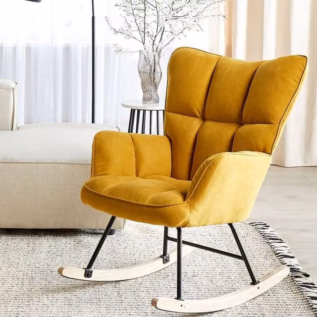 Wyld and Coco Yellow Mid-Century Rocking Chair with Polyester Upholstery and Rubberwood Frame