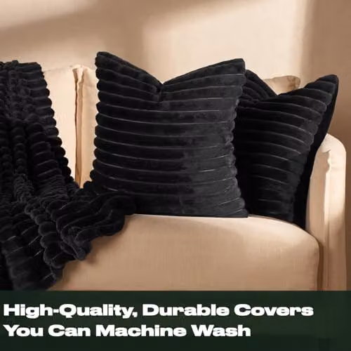 OHS Pack of 4 Black Faux Fur Ribbed Square Decorative Throw Pillows with Removable Covers, W/D/H: 45 x 45 x 45 cm – 2