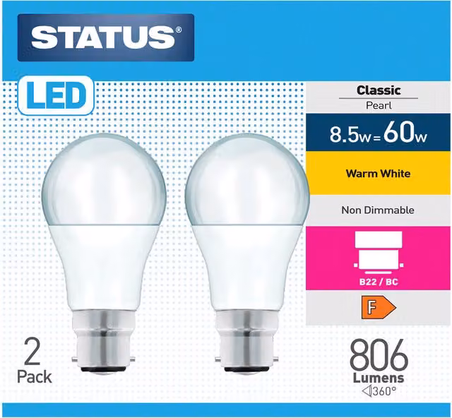 Status Pack of 2 Classic Pearl LED Lightbulbs, 8.5W, Warm White, B22 Bayonet Cap