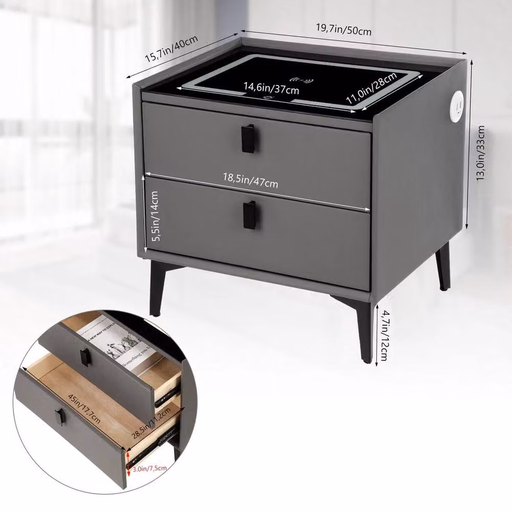 FLAVORA Modern Grey LED Bedside Nightstand with 2 Drawers and Wireless Charging, W: 100 cm x D: 100 cm – 2