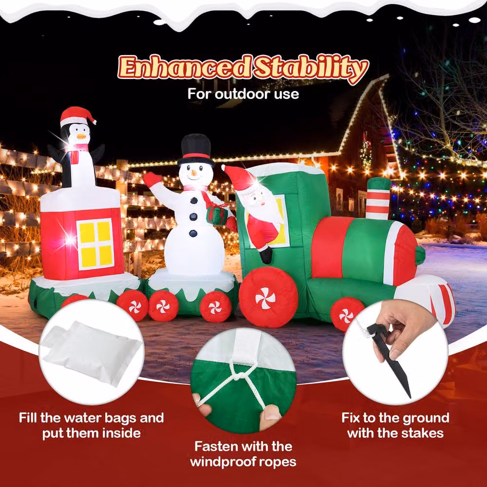 Gymax Red and Multicolour Christmas Inflatable Santa Claus Driving Train with LED Lights – 8