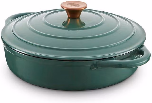 Tower Shallow Cast Iron Casserole Pan with Enamel Interior, Green, 28cm – 11