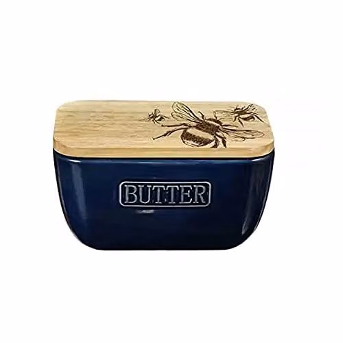 Selbrae House Blue Ceramic and Wood Butter Dish – 4