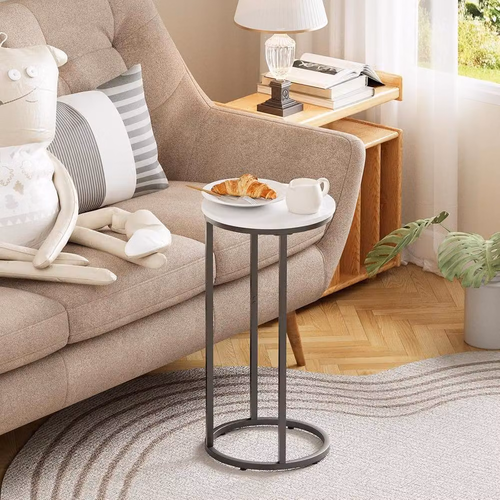 Huhote C-Shaped Round Metal End Side Table in White – 2