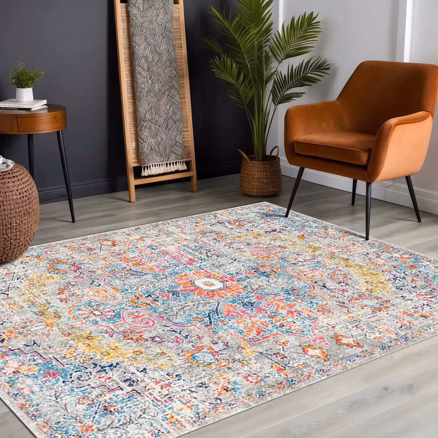Livabliss Harput Vintage Boho Round Living Room Rug in Teal, Multicolour, Diameter: 160 cm – 4