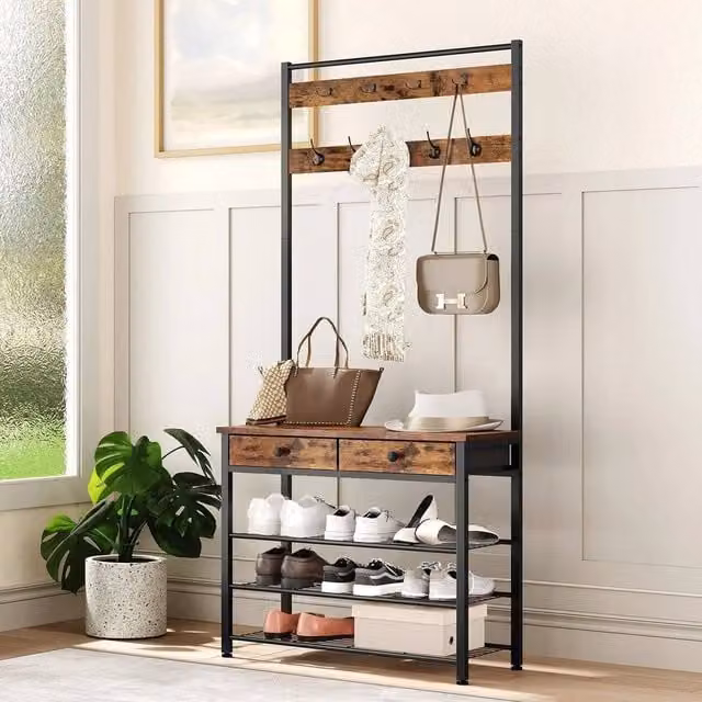 EONLION Industrial Hall Tree with Bench and Coat and Shoe Rack in Brown and Black, W/D/H: 50 x 32 x 190 cm