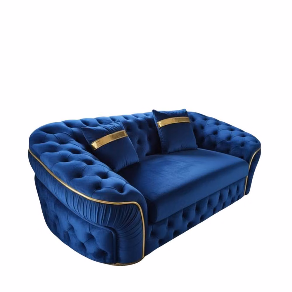 Stratus Interiors Ambassador Chesterfield 2 Seater Sofa in Blue Plush Velvet with Gold Trim – 2