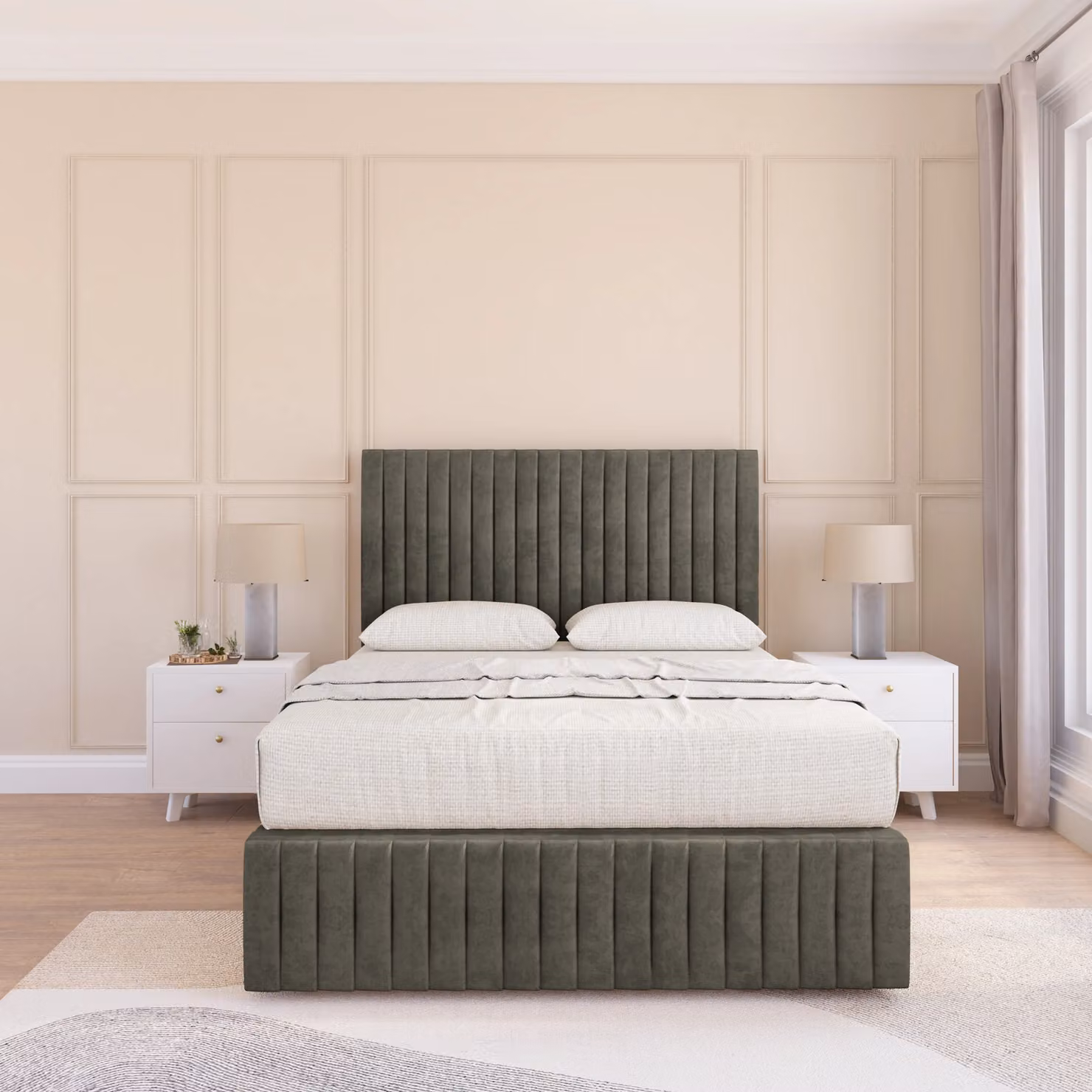 Sloomy Madison Upholstered Velvet Divan Bed Frame with Headboard in Grey, W/D/H: 200 x 200 cm