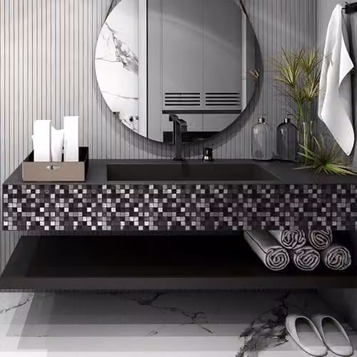 WALPLUS Marquina Metallic Black and White Marble Tile Stickers, 24 Pack, W/D/H: 15 x 15 x 0.54 cm – 3