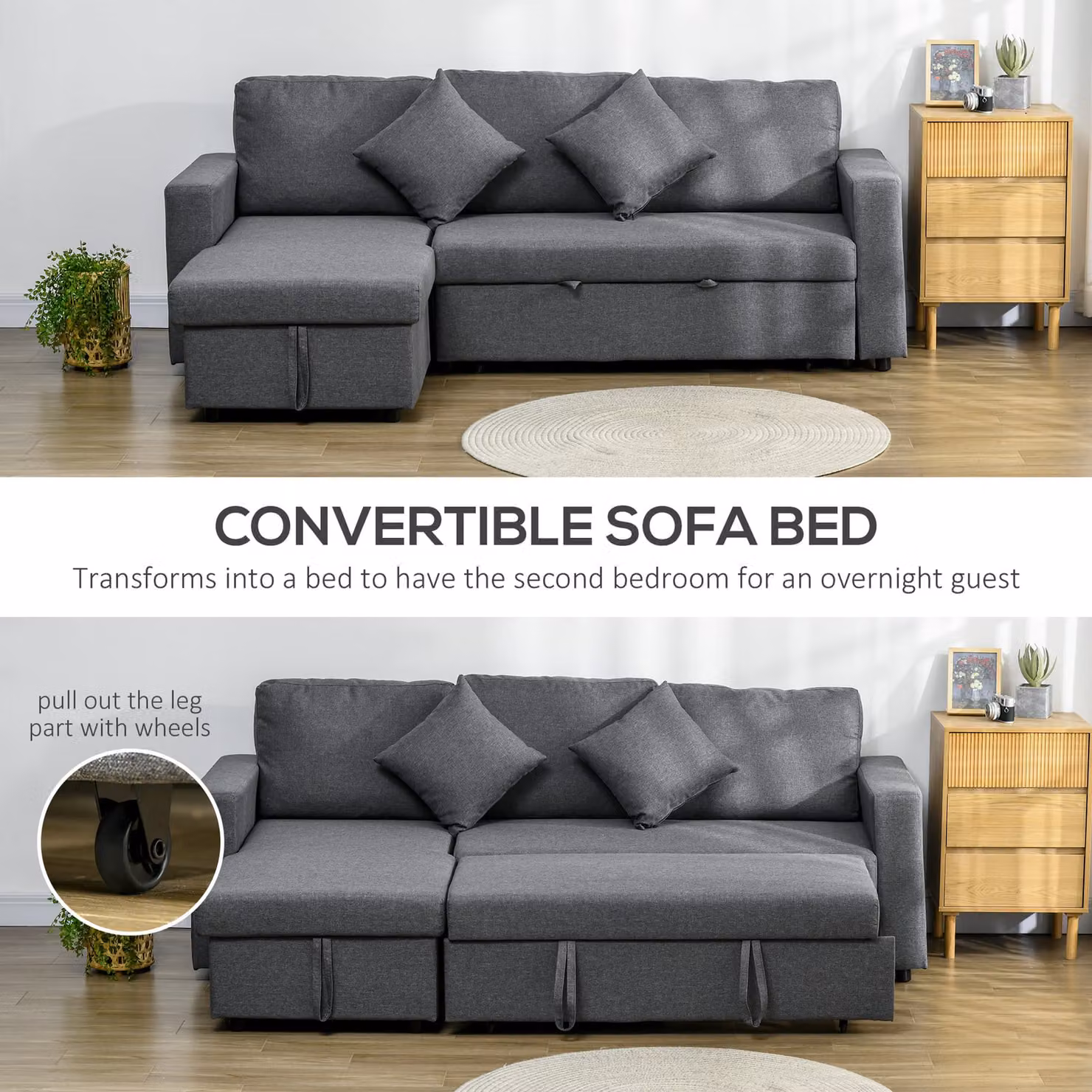 HOMCOM 3 Seater L-Shape Corner Sofa Bed with Storage in Dark Grey – 4