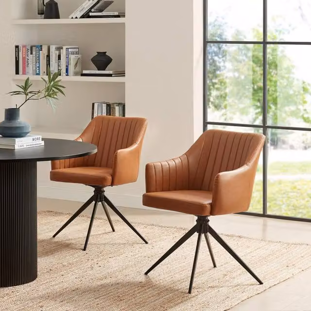FurnitureboxUK Set of 2 Calla Tan Faux Leather Swivel Dining Chairs – 1