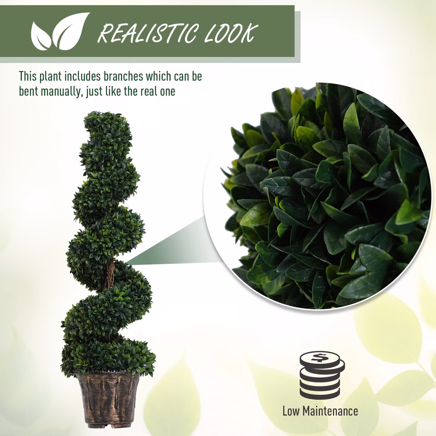 Outsunny Set of 2 Artificial Boxwood Spiral Topiary Trees in Bronze Concrete Pots, Height: 120 cm – 6