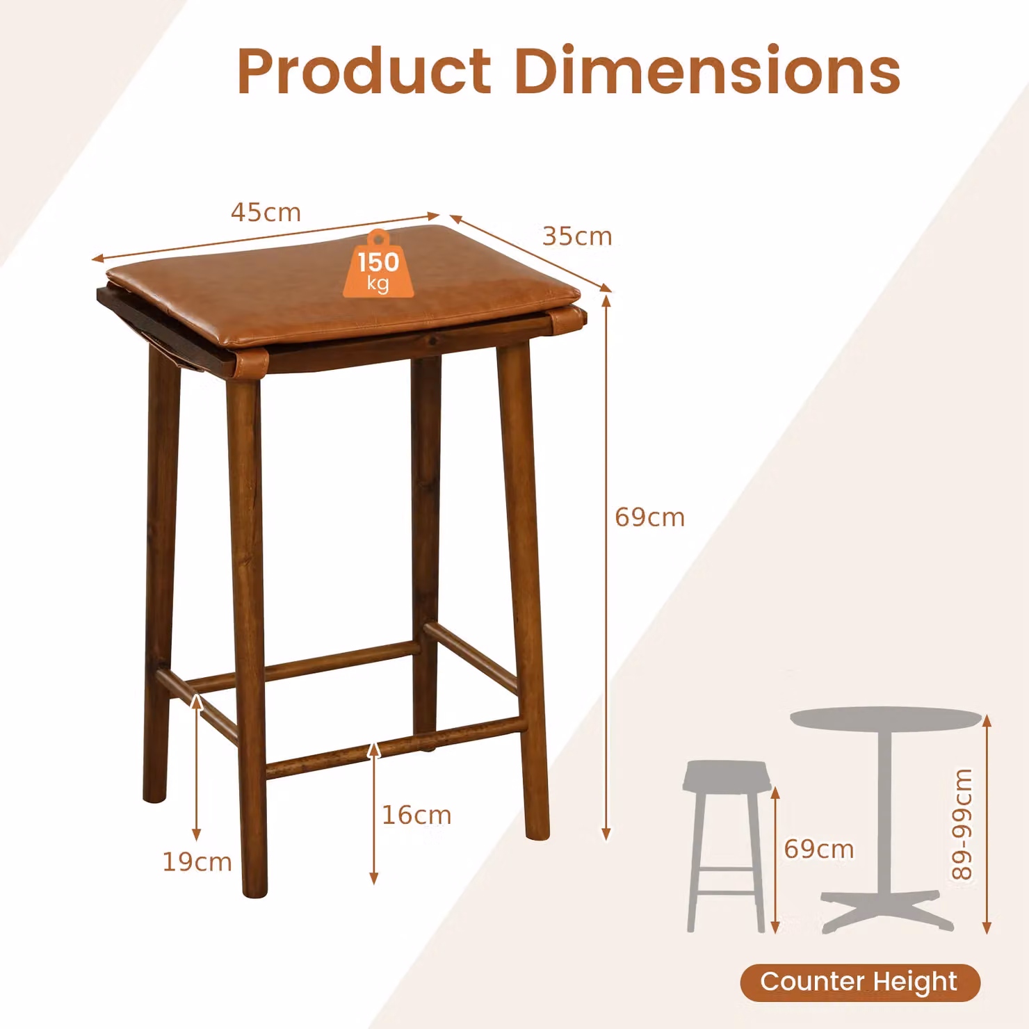 Costway Set of 2 Brown Counter Height Bar Stools with Saddle Seats and Solid Wood Legs – 2