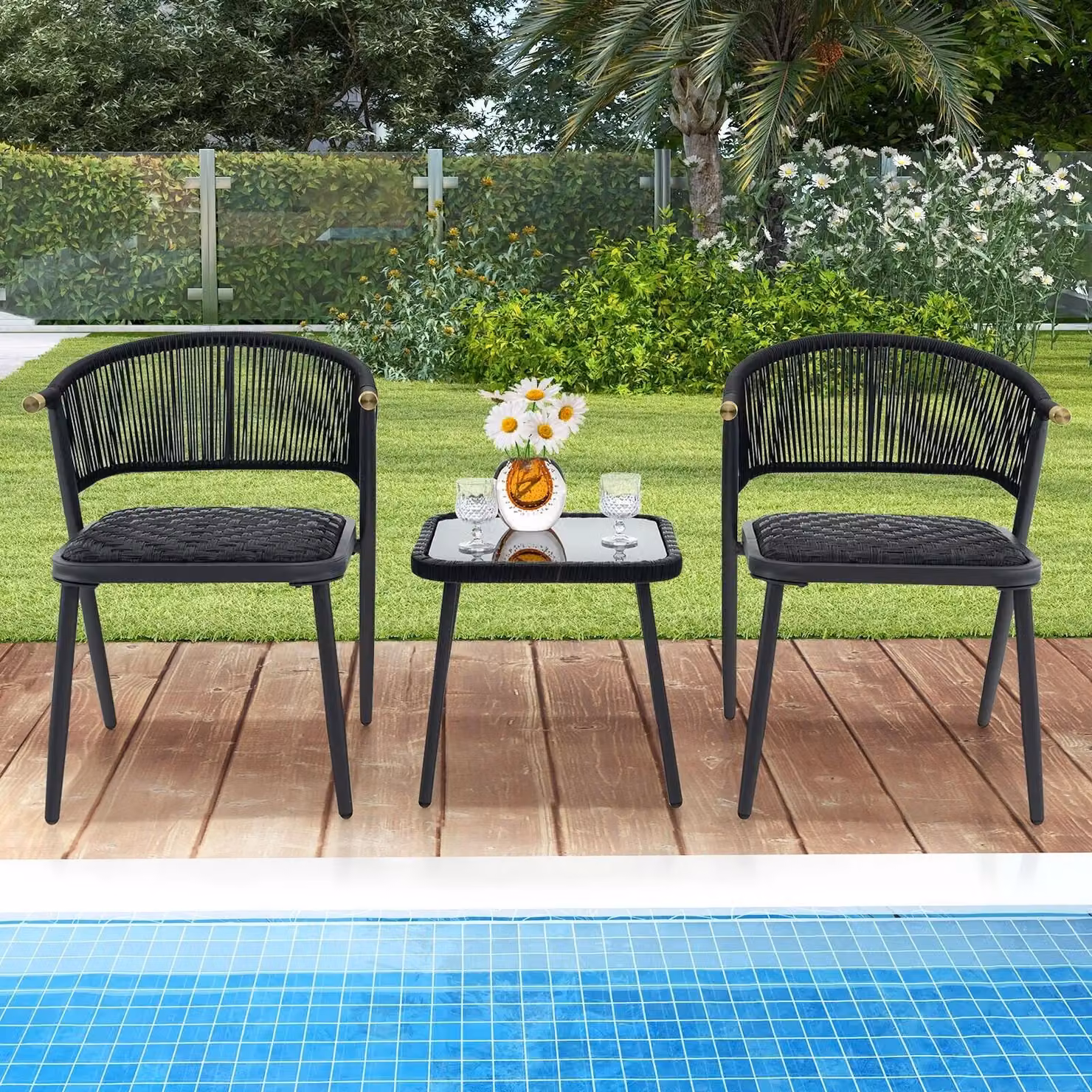 Costway 3 Piece Outdoor Wicker Furniture Set with Rattan Armchairs and Tempered Glass Coffee Table in Black – 3