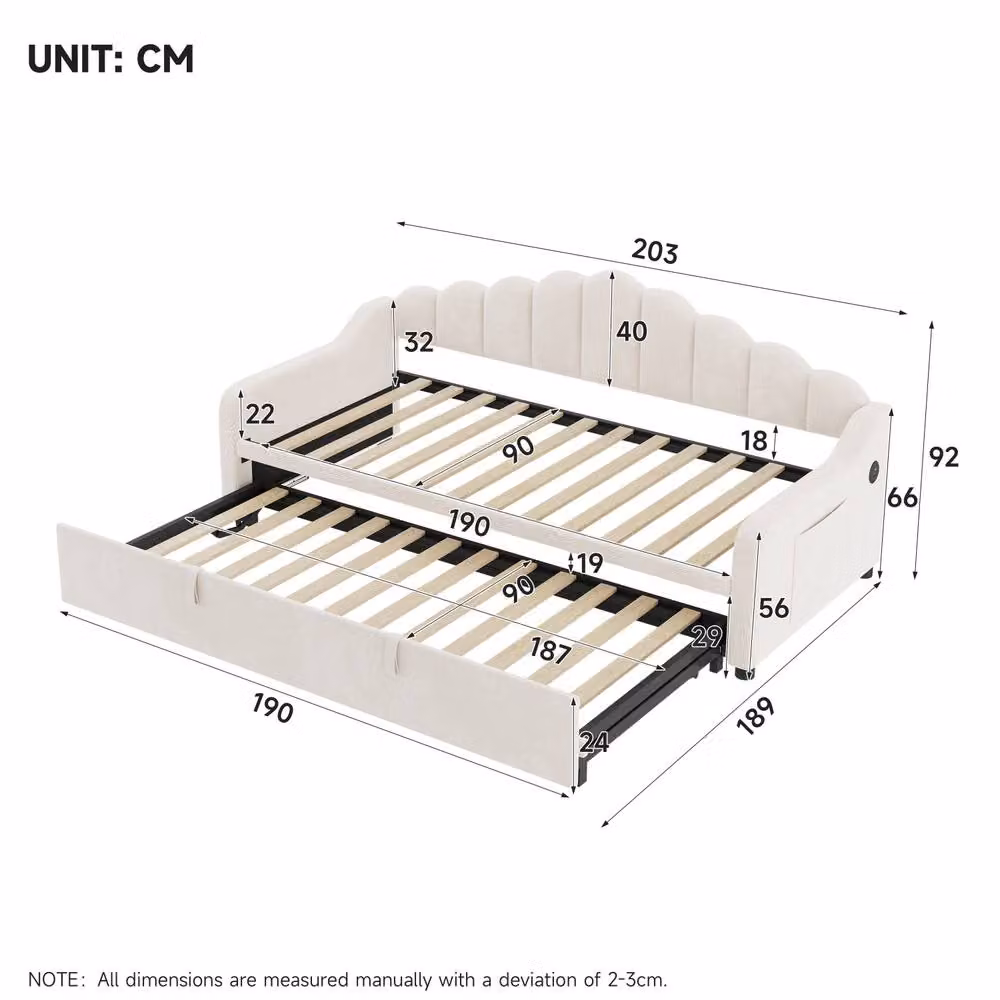 BTM Single Daybed with Pull-Out Trundle, Velvet Upholstery, USB Charging Port and Side Storage Pockets, Beige, W/D/H: 90 x 190 x 220 cm – 2
