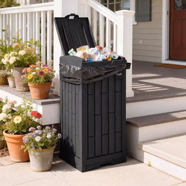 OUTSUNNY 110 L Outdoor Bin with Dual Flip Lid, Side Holder and Drip Tray, Black