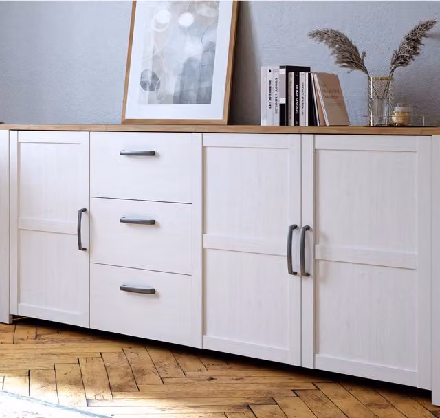 Furniture To Go Bohol Large 3 Door 3 Drawer Sideboard in Riviera Oak and White with Soft Close Drawers