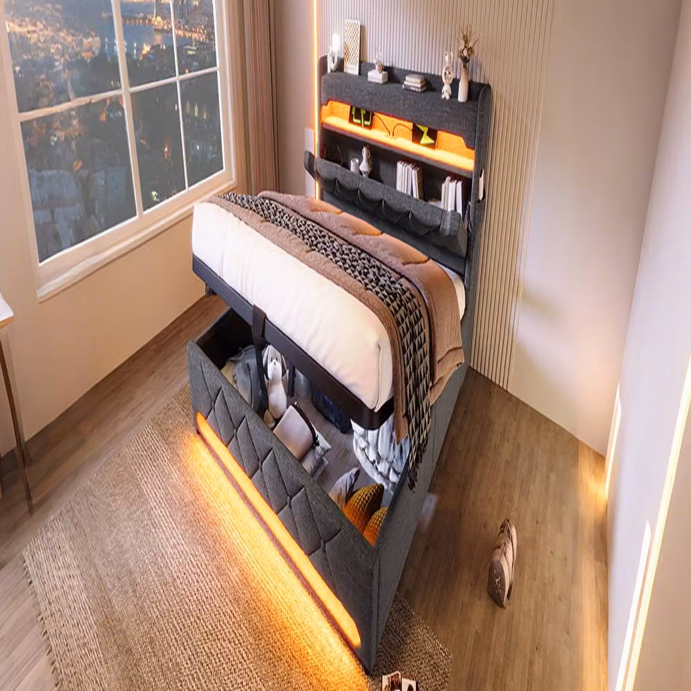 Rolipo Grey Linen Upholstered Hydraulic Storage Bed with LED Lighting and USB Charging, W/D/H: 180 x 200 cm – 6