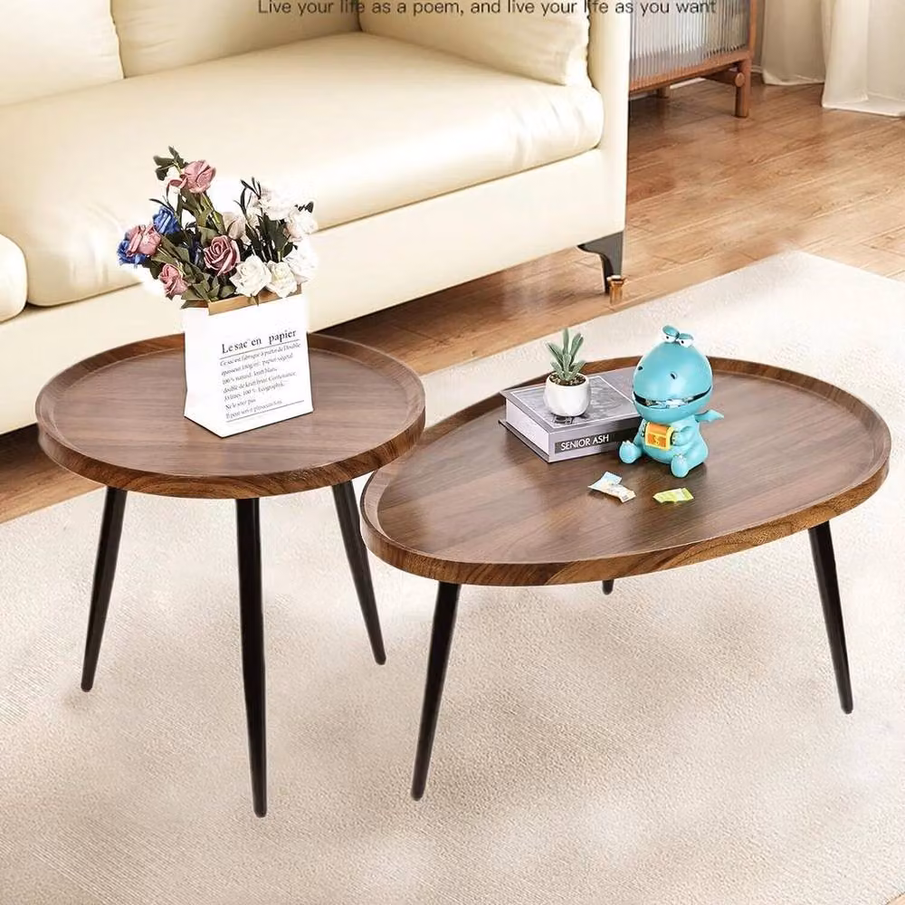 KORVIXA Brown Wooden Nesting Coffee Table with Oval MDF Tops – 3
