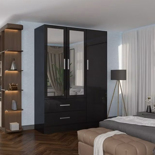 Sliding Wardrobes 4U Modern High Gloss 3 Door Hinged Wardrobe in Black W: 120 cm, H: 200 cm – 1