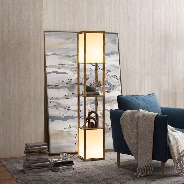 HOMCOM Modern Brown Wood Shelf Floor Lamp with Dual Up and Down Lighting for Living Room or Bedroom