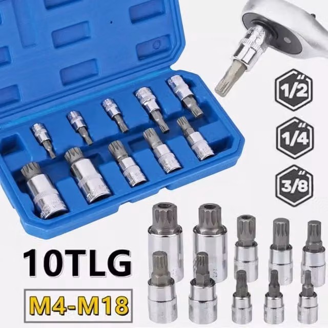 SPETLEK 10-Piece 1/2 inch Multi Spline Bit 12-Point Triple Socket Set in Silver