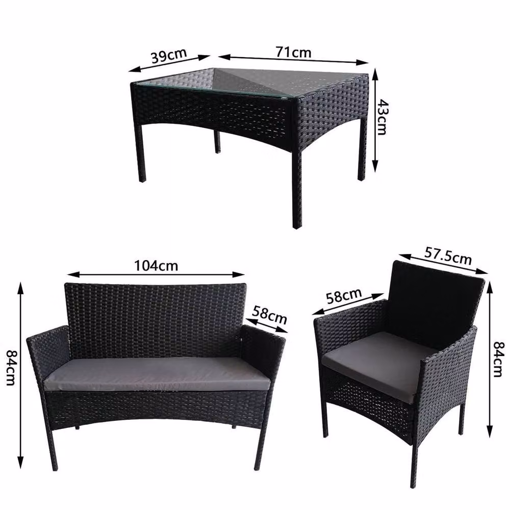 EONLION 4-Piece Black Polyrattan Outdoor Garden Furniture Set with 2-Seater Sofa, Coffee Table and Cushions – 2