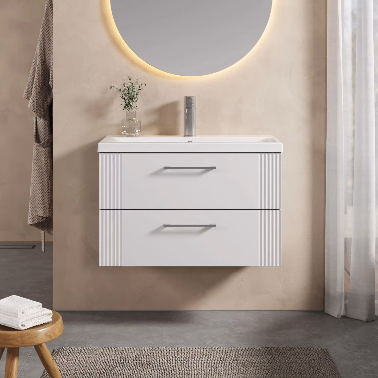 Balterley Wall Hung 2 Drawer Vanity Unit with Mid-Edge Basin, Satin White, W: 80 cm, D: 54 cm – 2