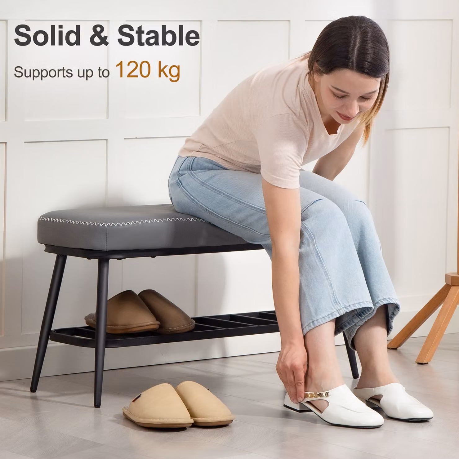 HOMCOM Grey PU Leather Shoe Storage Bench with Metal Frame, W: 120 cm, D: 45 cm, H: 82 cm – 5