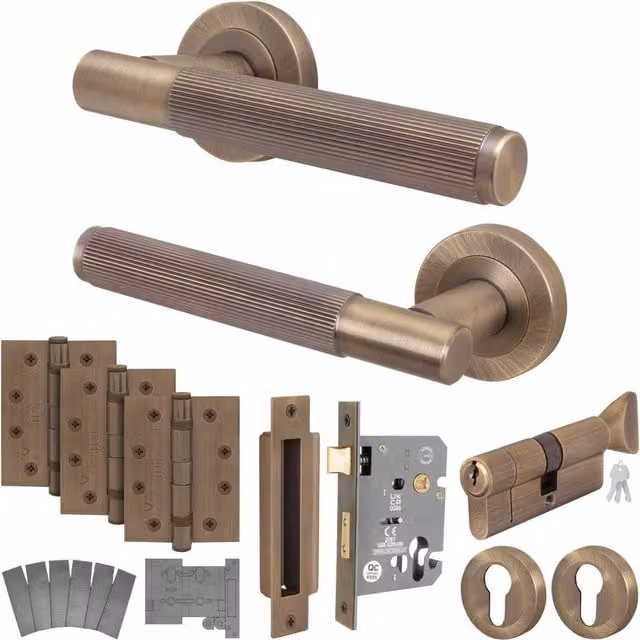 AFIT Antique Brass Fire Door Handle with Euro Lock Thumbturn Cylinder and Hinges in Bronze, 150 x 150 mm