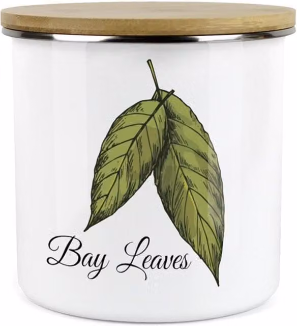 Purely Home Classic Herbs Kitchen Food Storage Canister - Bay Leaves, White Enamel Ceramic