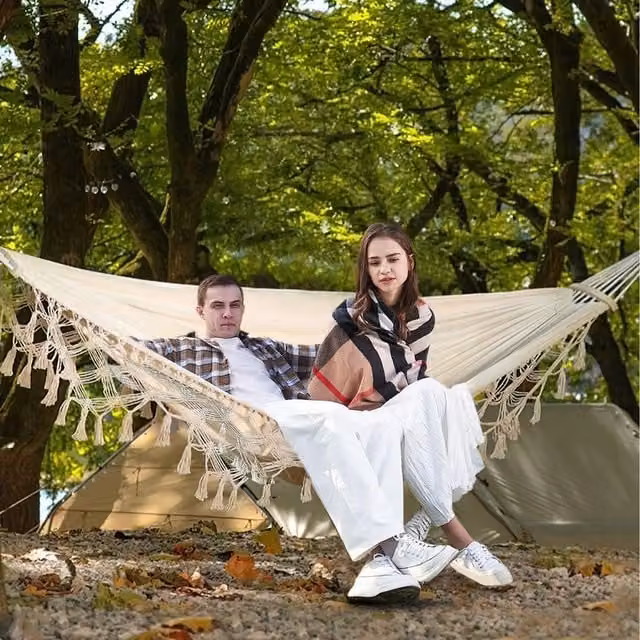 Lifeideas Boho Canvas Garden Hammock with Dual Horizontal Wood Spreader Bars in Beige and White