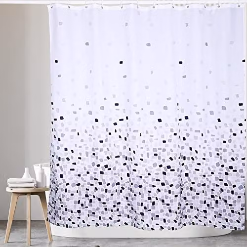 KAV Mosaic Patterned Waterproof and Mould Resistant Polyester Fabric Shower Curtain in Grey and White, W: 220 cm, H: 180 cm – 1