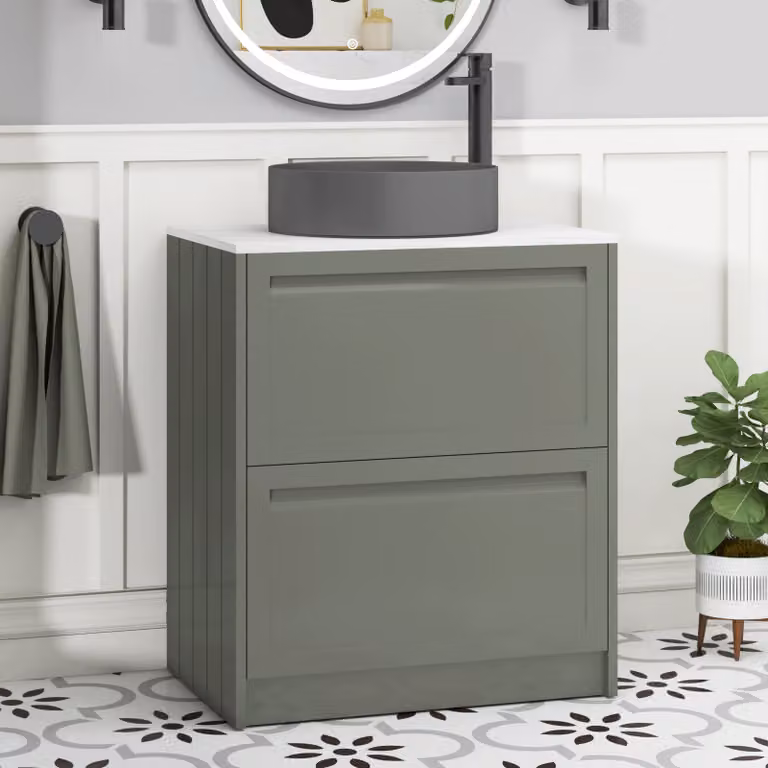 Royal Bathrooms Elmore Matt Green Floor Standing Countertop Vanity Unit with 2 Drawers and White Art Round Basin, Width: 70 cm